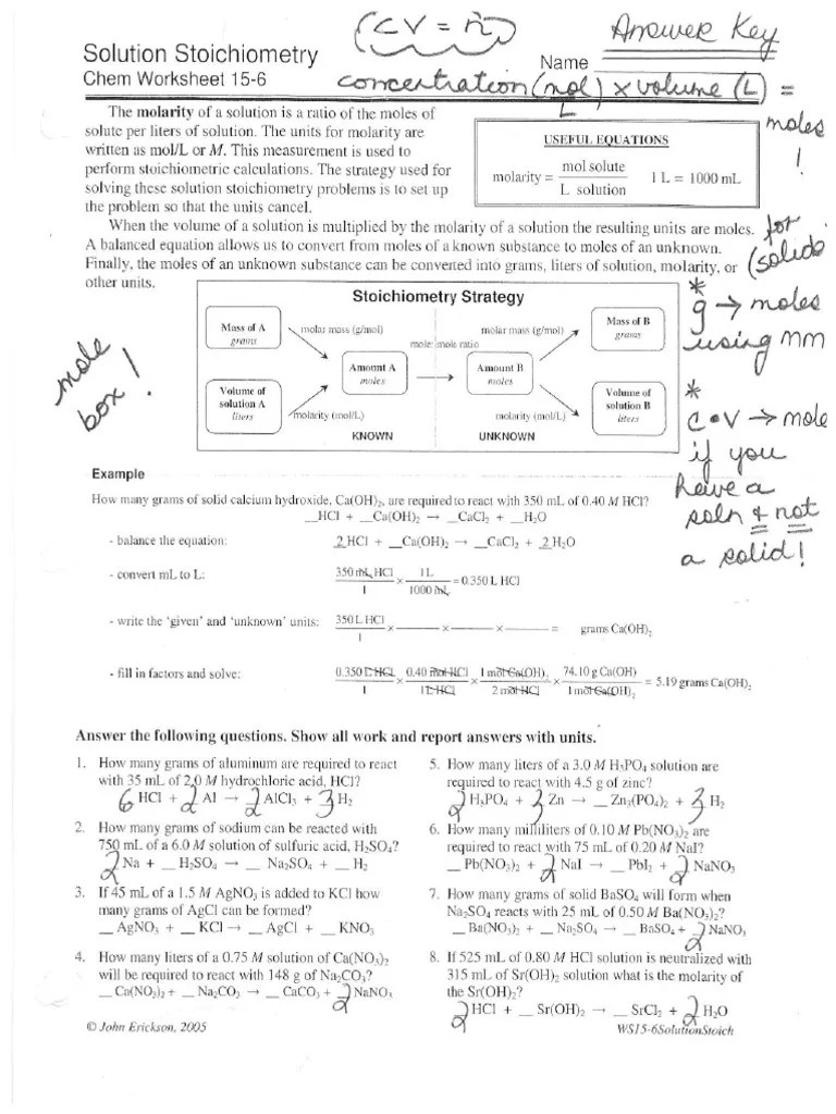 Solution Stoichiometry Chem Worksheet 156 Answer Key PDF