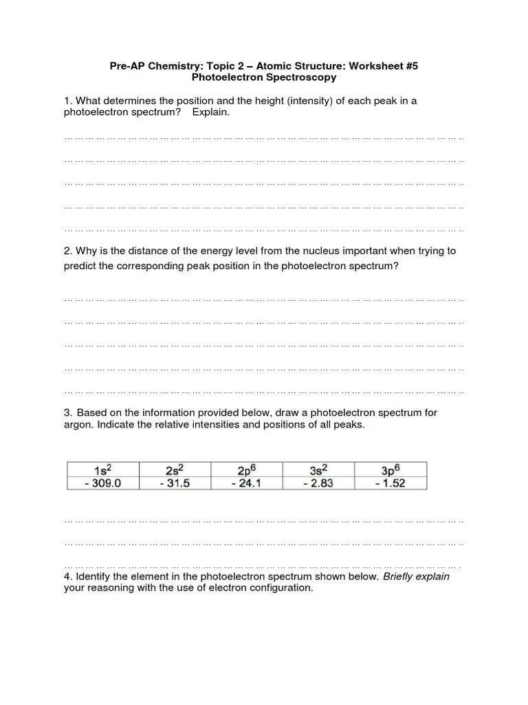 5 Topic 2 Worksheet 5 Photoelectron Spectroscopy ST PDF Electron