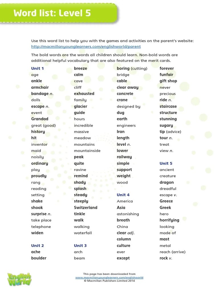 Word List Level 5 Unit 1 PDF Nature