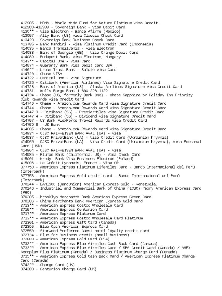 Extensive Bin List PDF American Express Debit Card