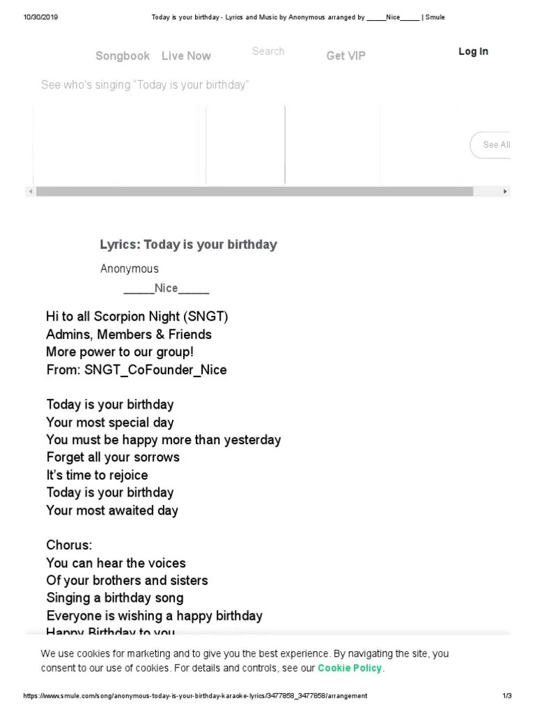 Today Is Your Birthday Lyrics and Music by Anonymous Arranged by