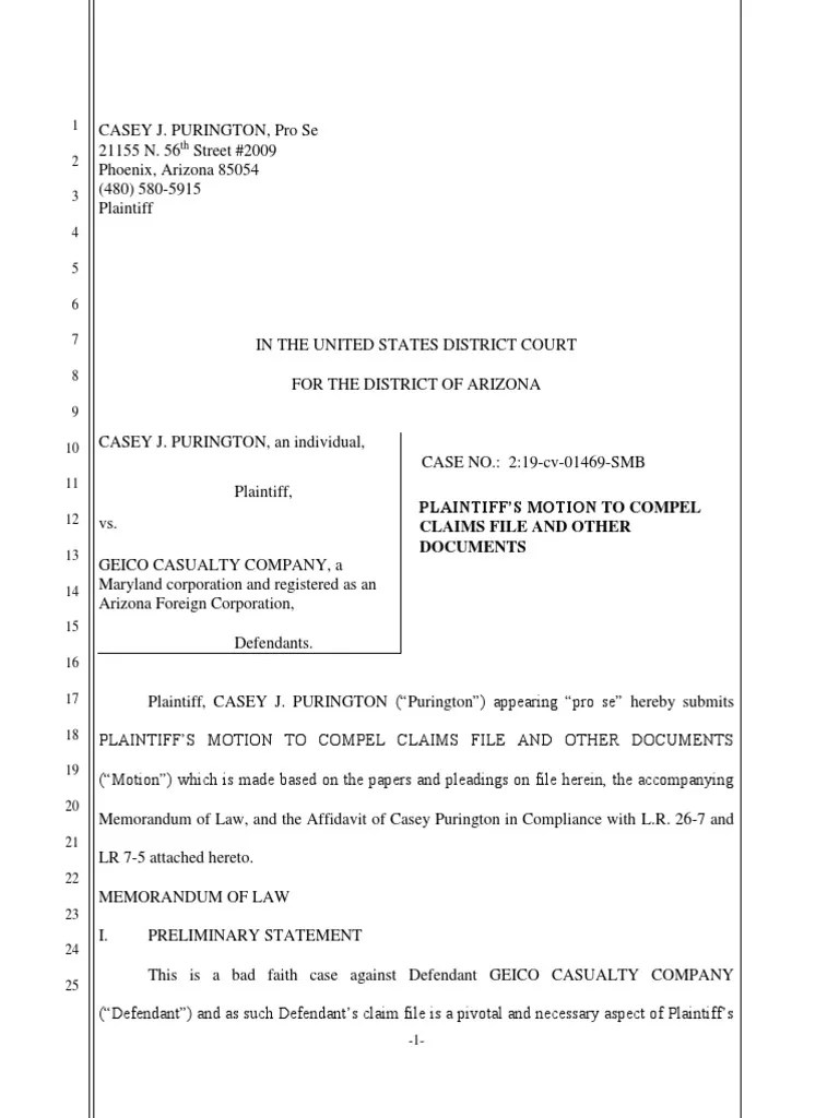 Plaintiff’s Motion to Compel Defendant's Claim File and Other Documents