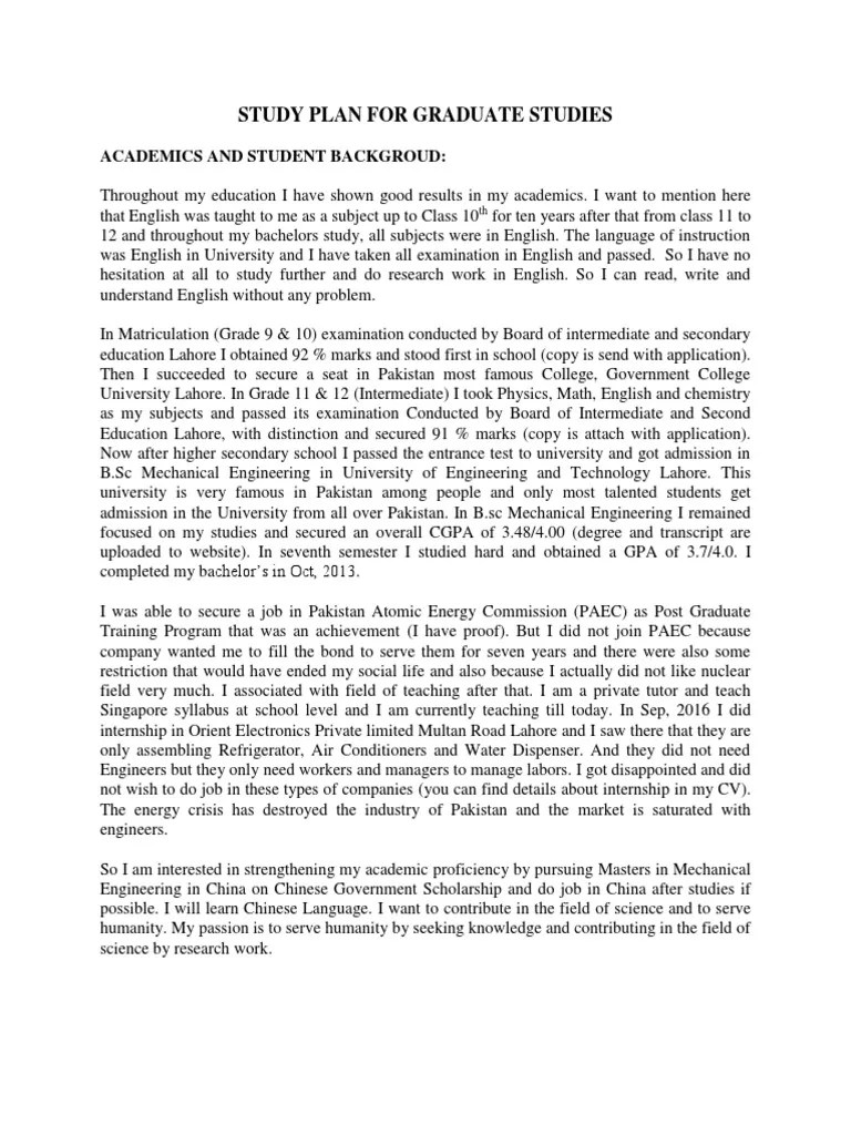 Study Plan For Graduate Studies PDF University And College