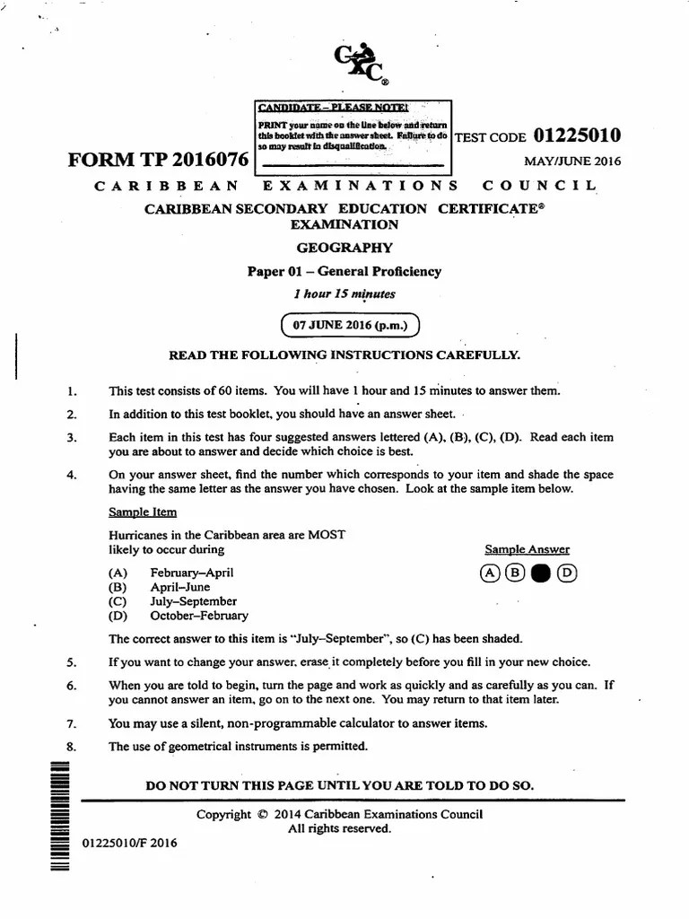 CSEC Geography Paper 01 2016
