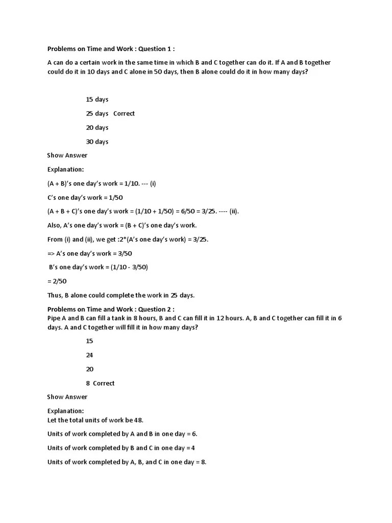 Problems On Time and Work PDF Teaching Mathematics Business