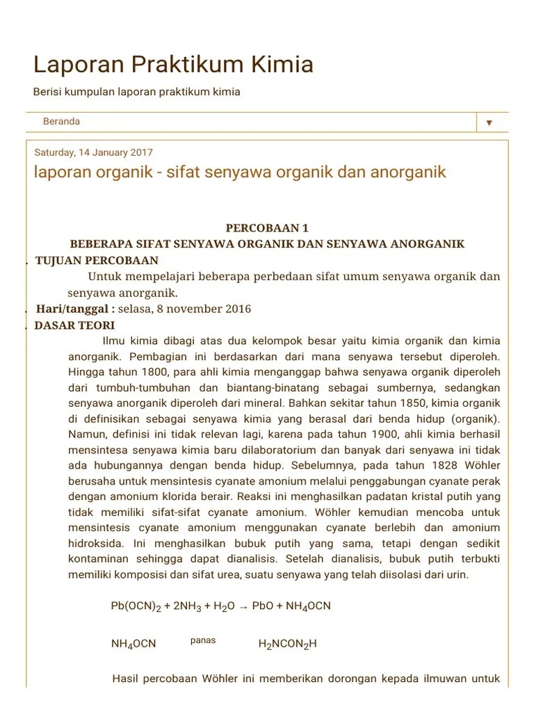 Laporan Praktikum Kimia: Laporan Organik - Sifat Senyawa Organik Dan  Anorganik