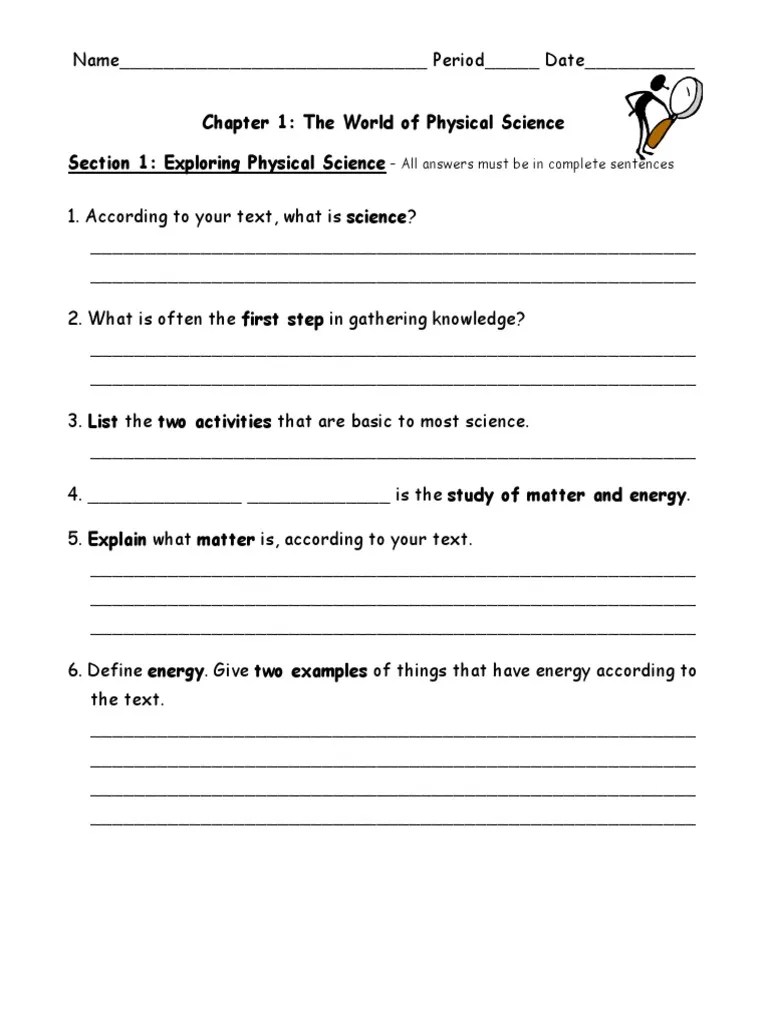 Intro To Physical Science Worksheet PDF Mathematical Model Science