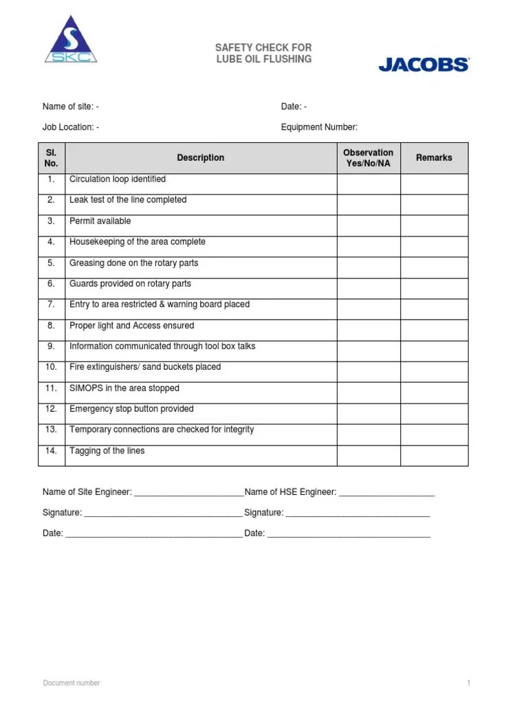Safety Checklist for Lube Oil Flushing Procedure PDF