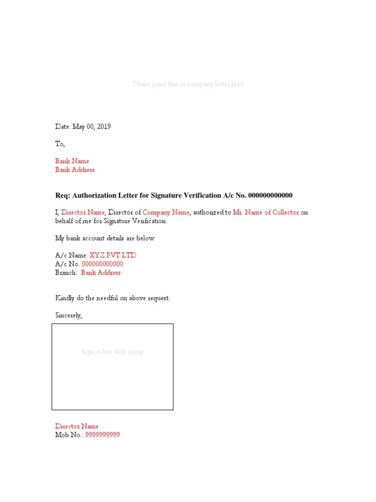 Authorization Letter For Signature Verification PDF Written