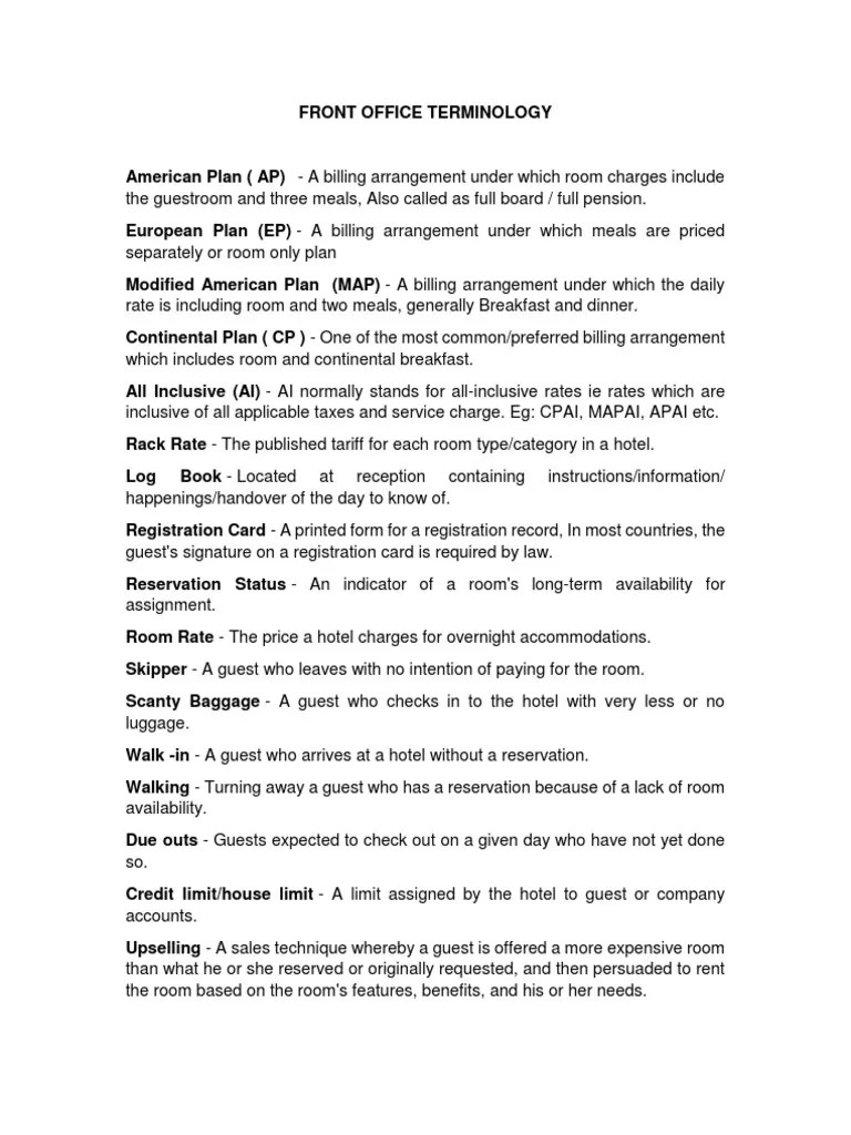 Front Office Terminology PDF Travel Agency Point Of Sale