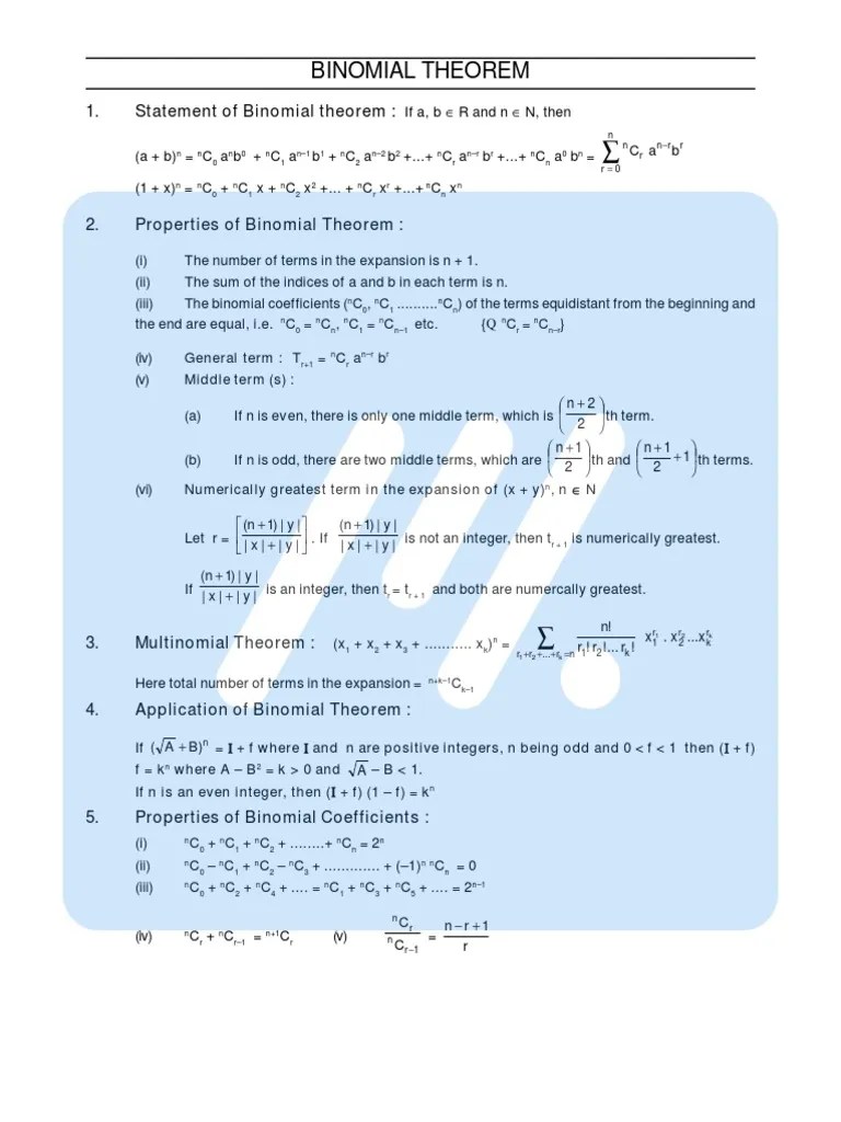 Binomial Theorem Formula Sheet PDF | PDF | Number Theory | Mathematical