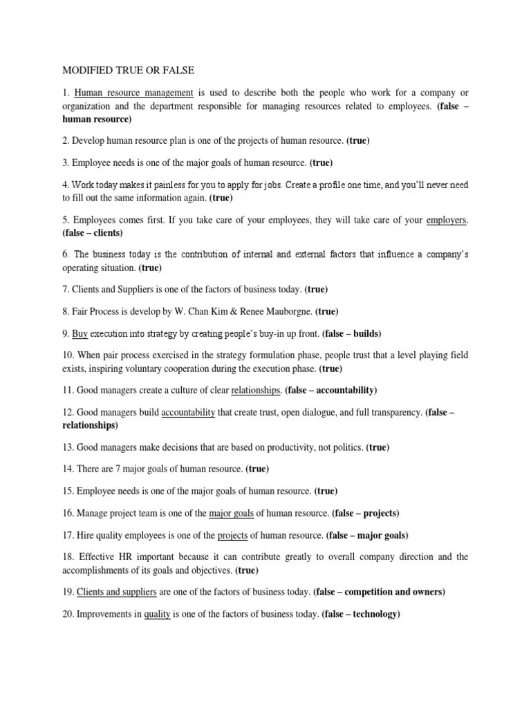 Modified True or False Human Resource) Download Free PDF Human
