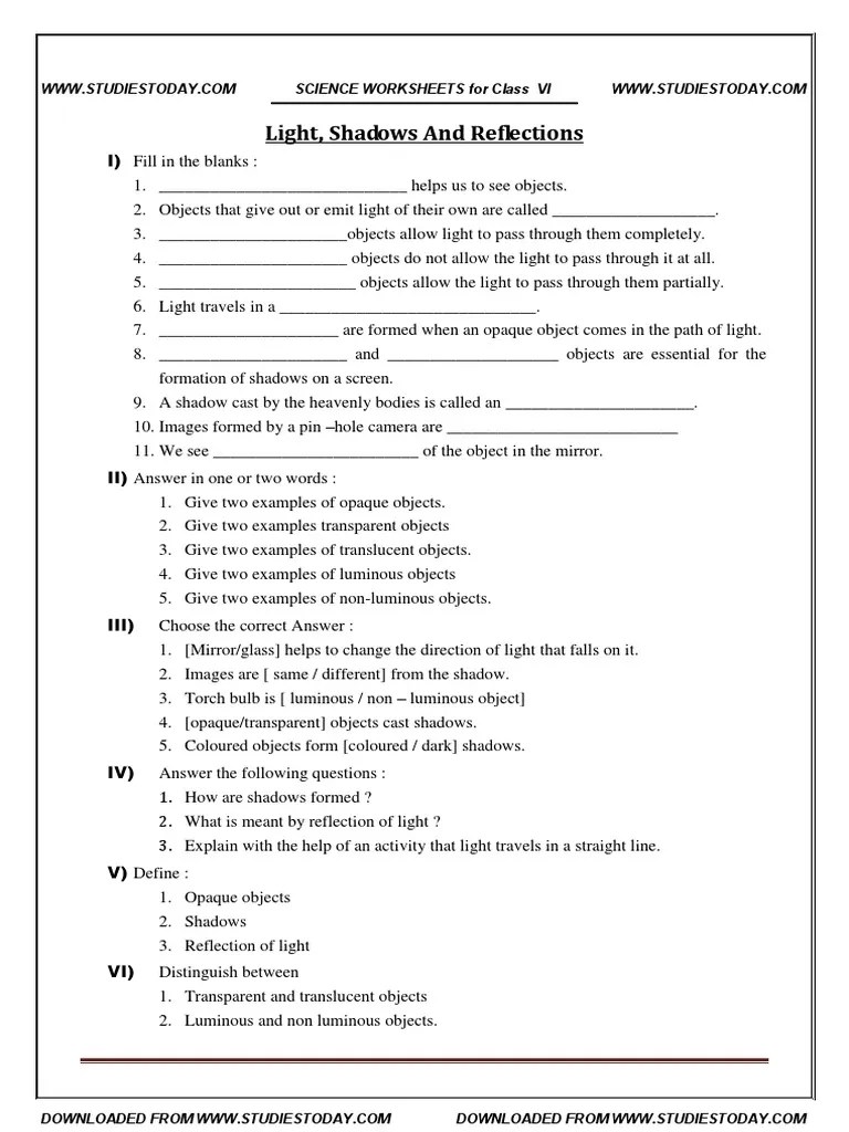 CBSE Class 6 Worksheet - Light, Shadows And Reflections.pdf | Shadow