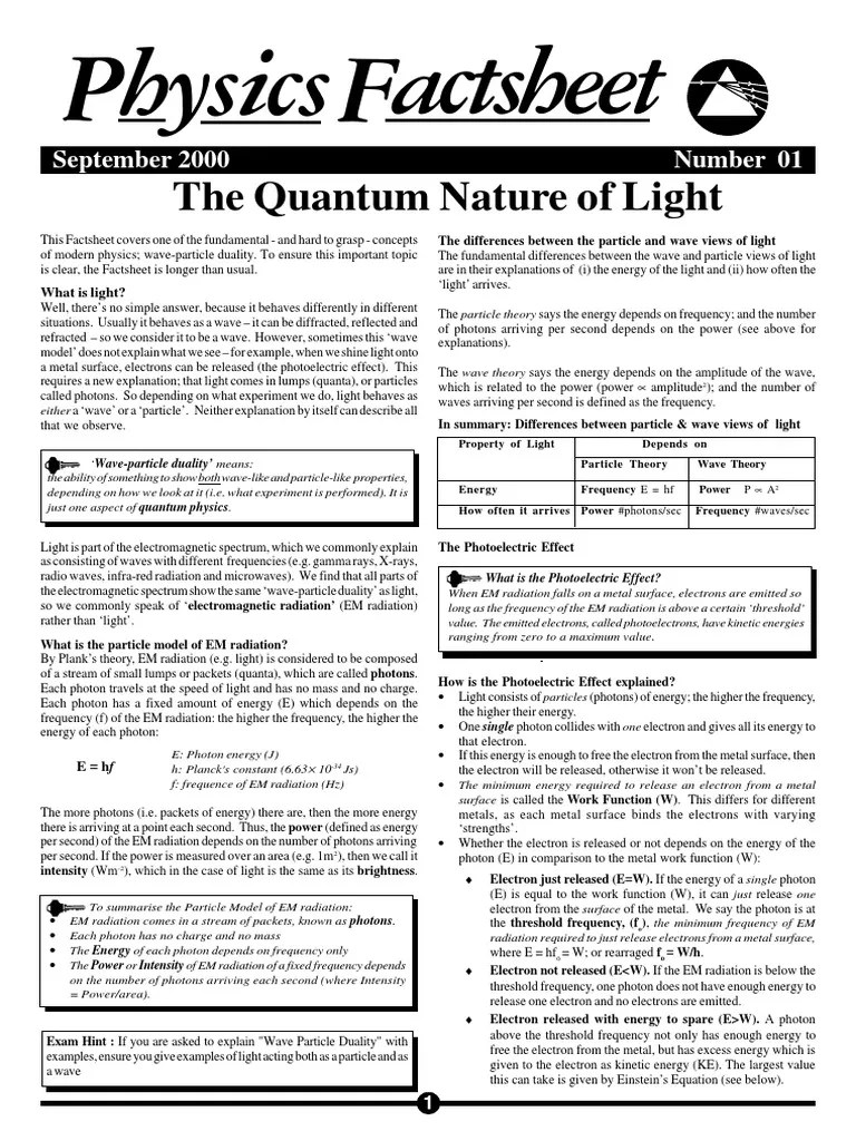 Factsheet Physics The Quantum Nature of Light PDF Photoelectric