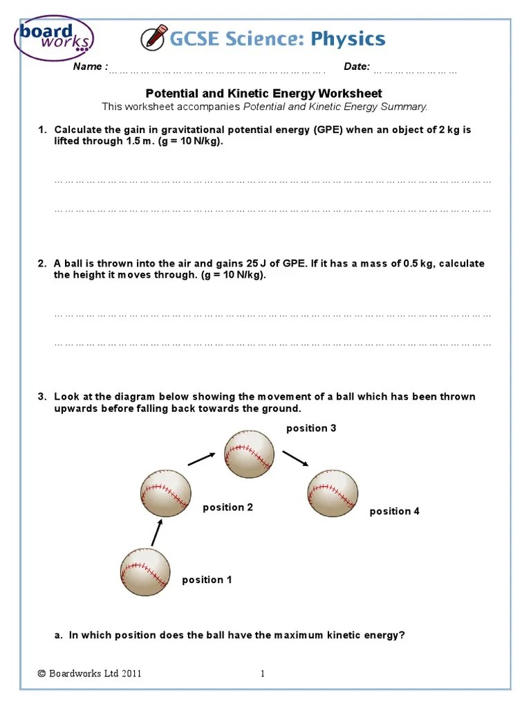 Potential and Energy Worksheet1452167475 Energy Mass