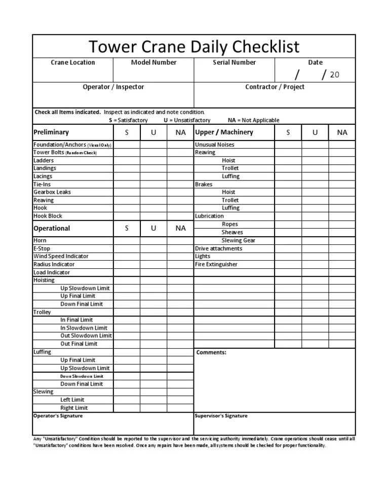 Tower Crane Daily Inspection Form