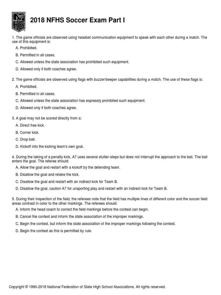 Nfhs Soccer Exam Answers