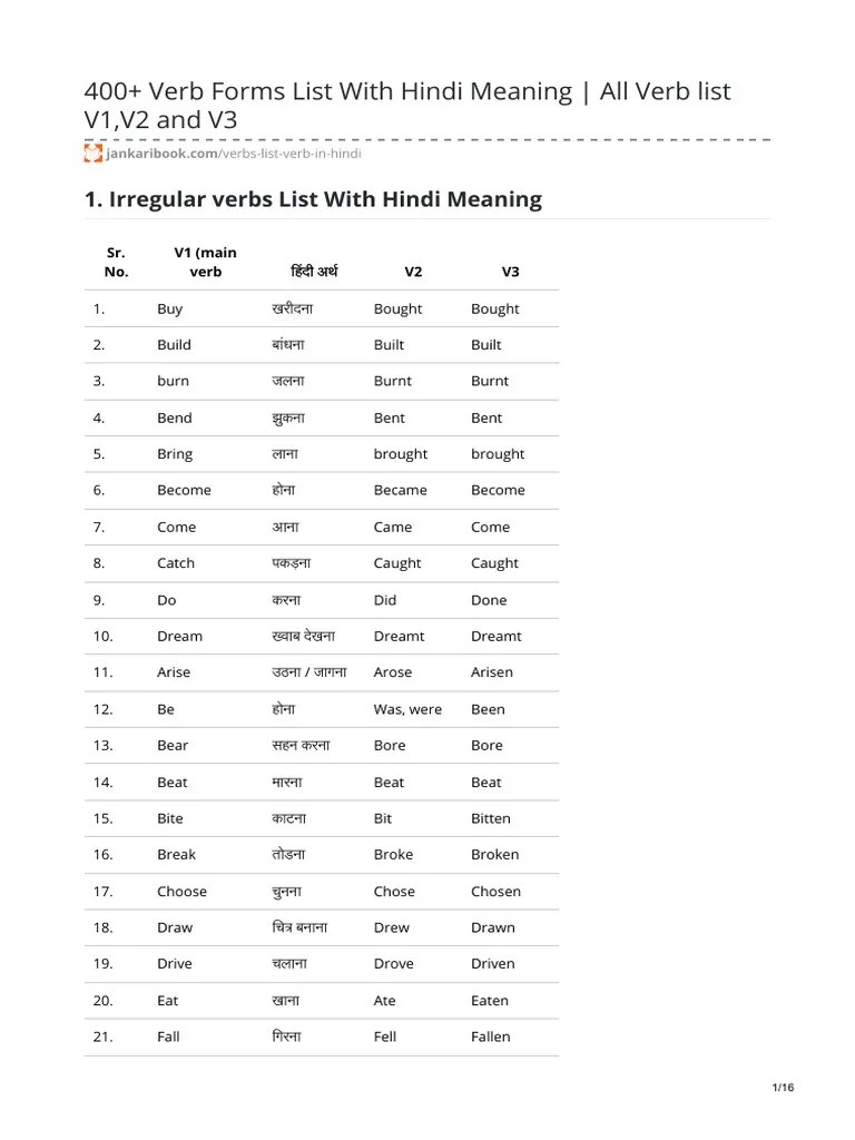 400 Verb Forms List With Hindi Meaning All Verb List V1V2 and V3 PDF