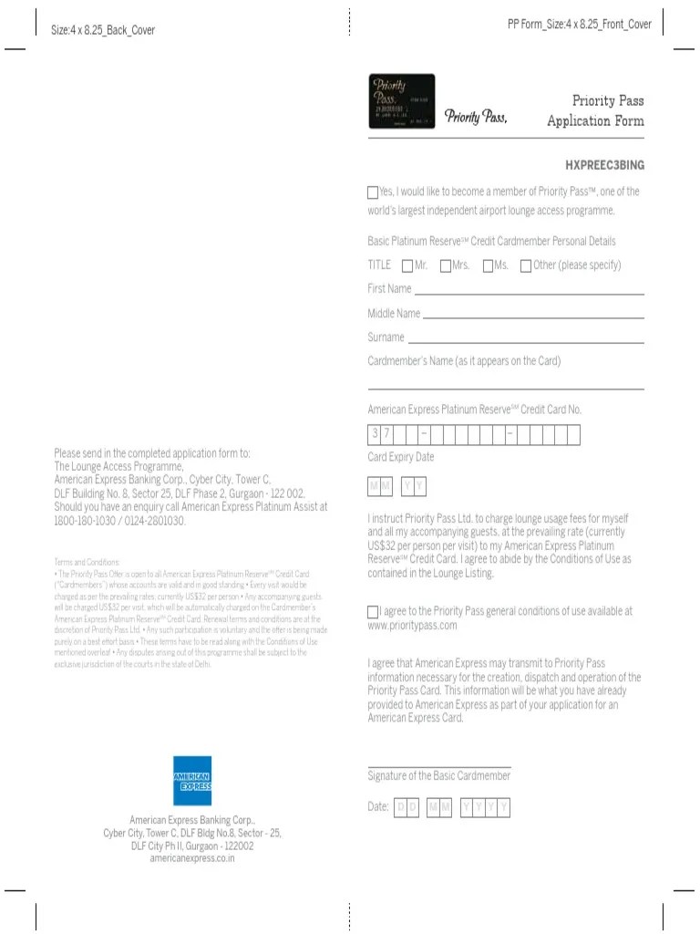 Priority Pass Form PDF Airport Lounge American Express