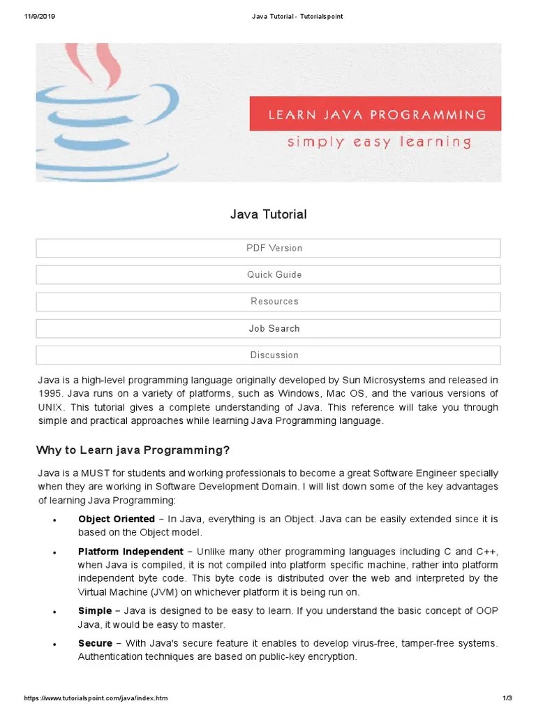Java Tutorial Tutorialspoint PDF Java (Programming Language