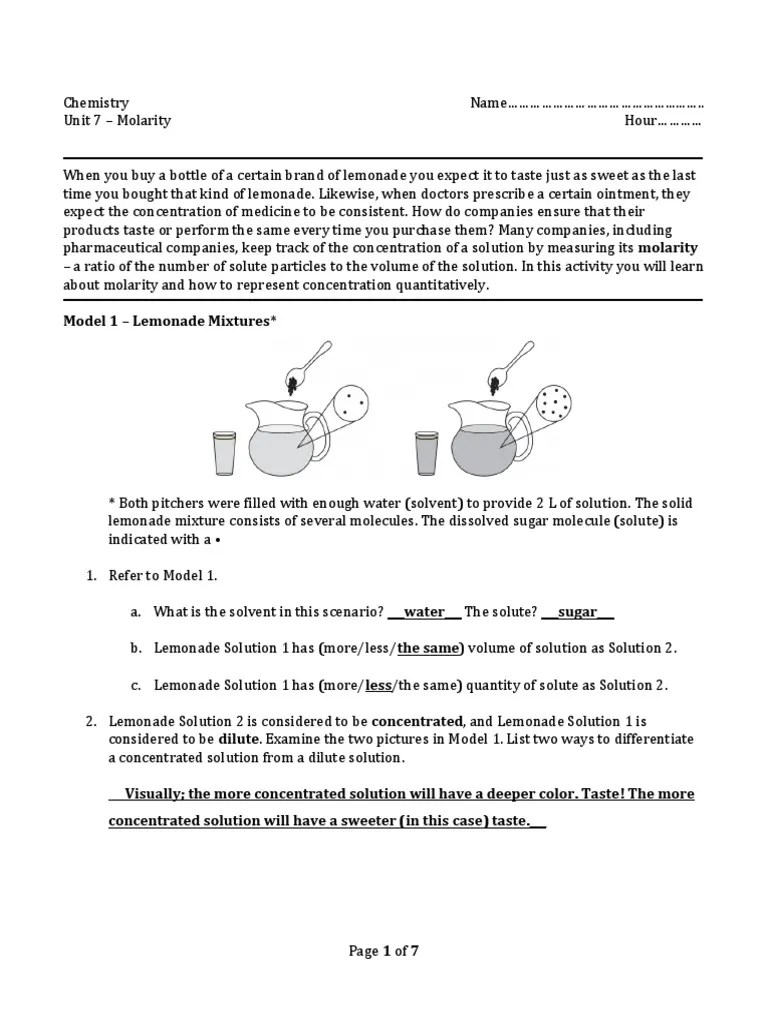 Molarity POGIL Key Molar Concentration Solution