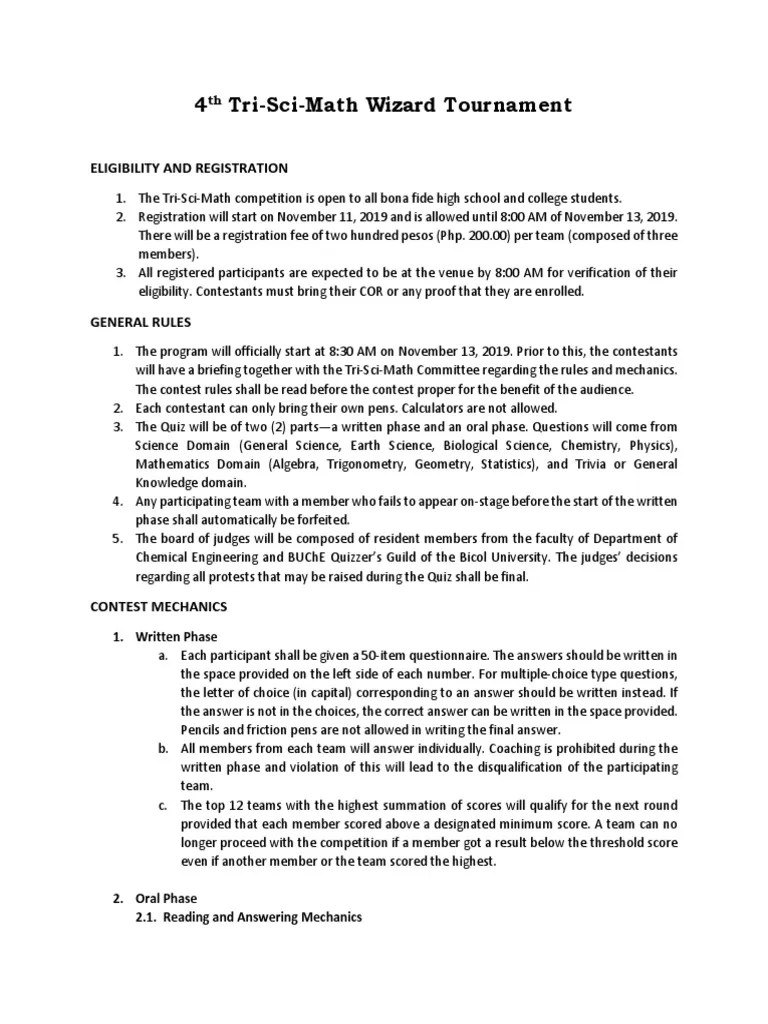 4th TriSciMath Quizbowl Guidelines and Mechanics PDF Question