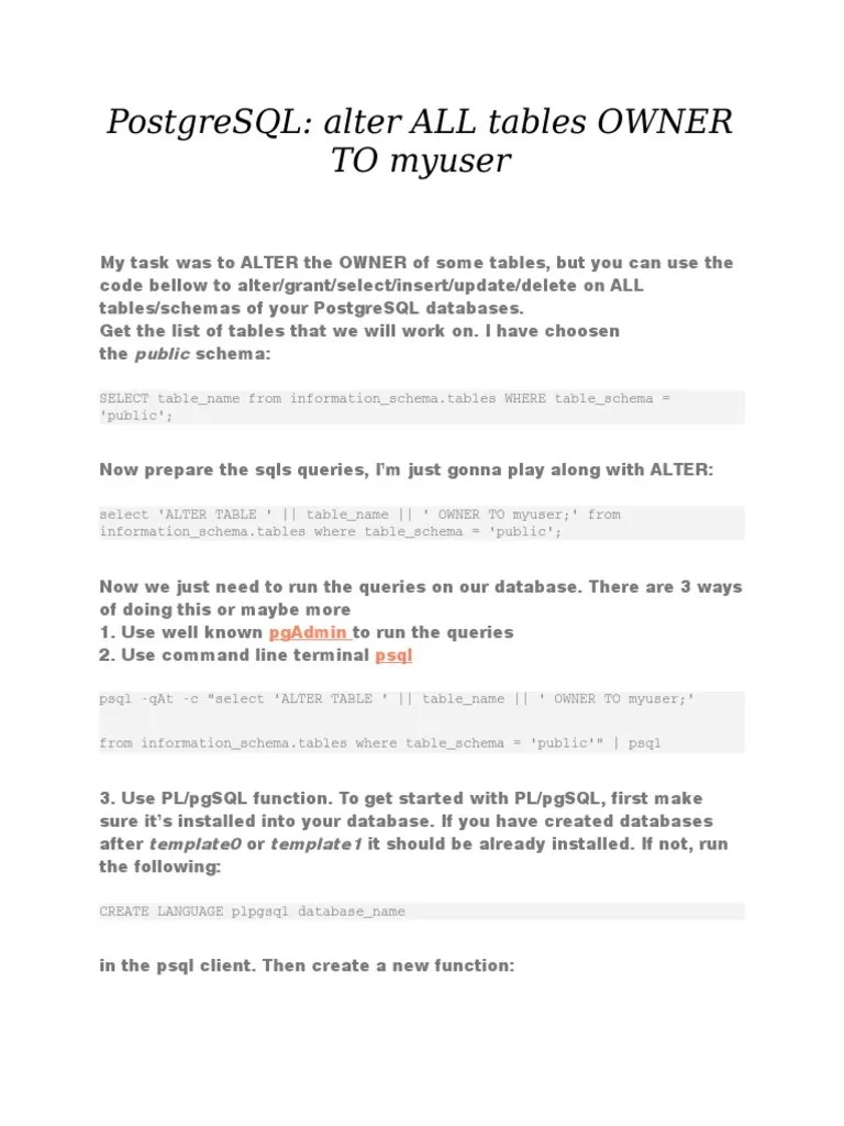 PostgreSQL Alter All Tables Owner To Myuser PDF