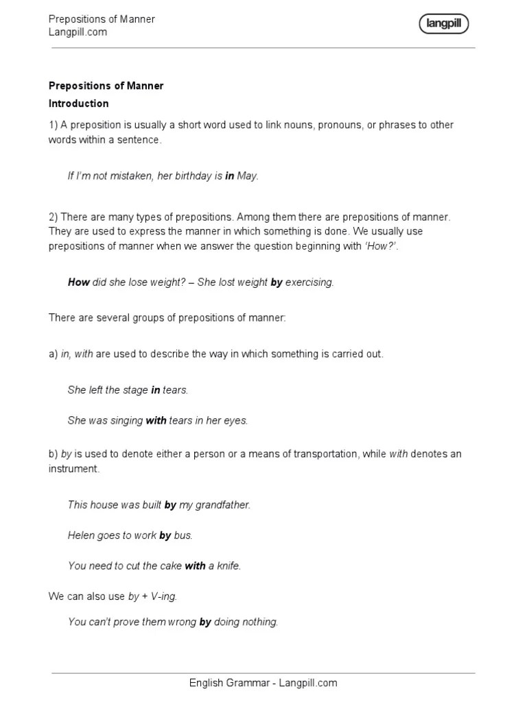 1.1 28. (Textbook) Prepositions Of Manner | Pdf | Preposition And Postposition | Languages