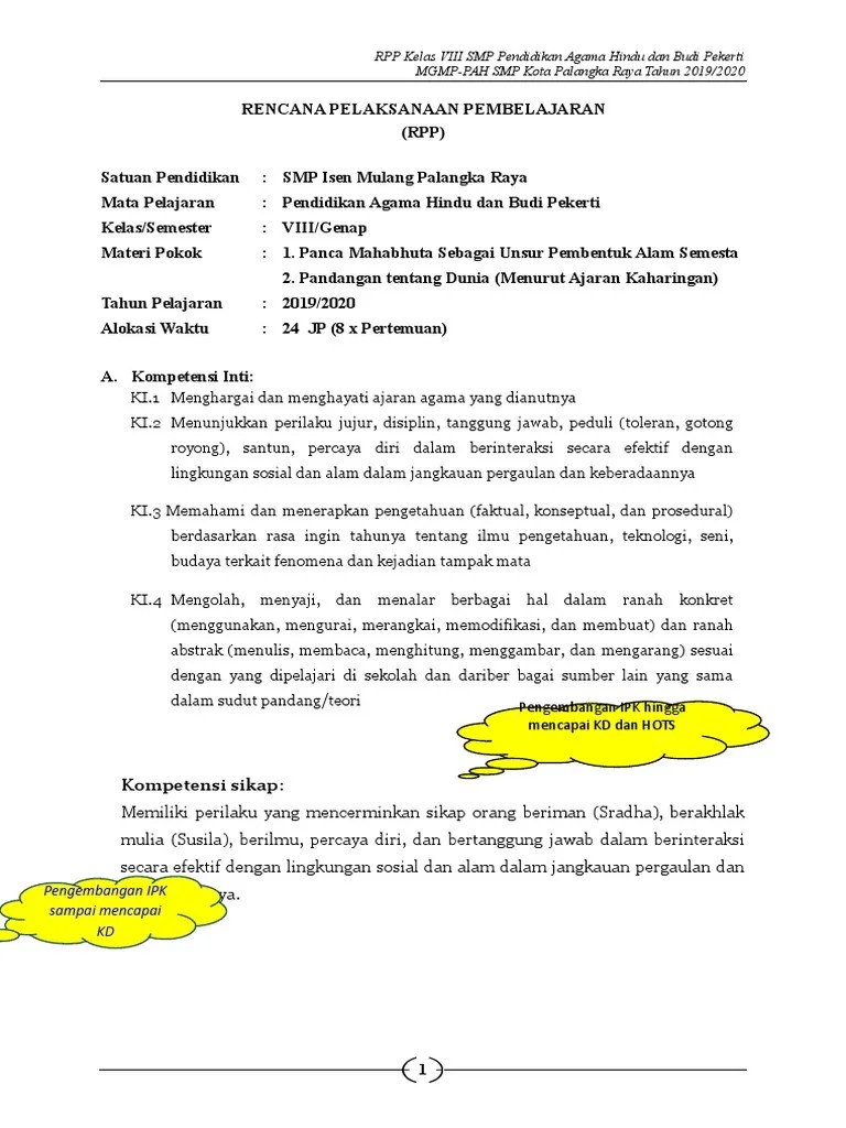 RPP Kelas VIII SMP Pendidikan Agama Hindu Dan Budi Pekerti MGMP-PAH SMP  Kota Palangka Raya Tahun 2019/2020 | PDF