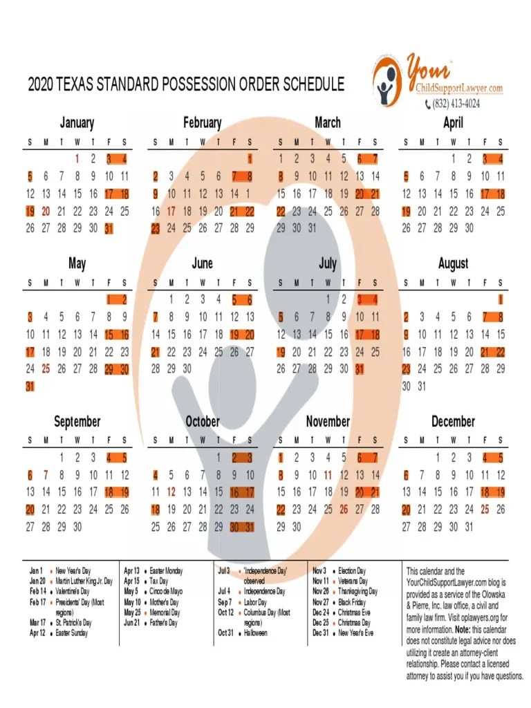Texas Visitation Calendar 2023 Texas SPO 2020 Calendar by