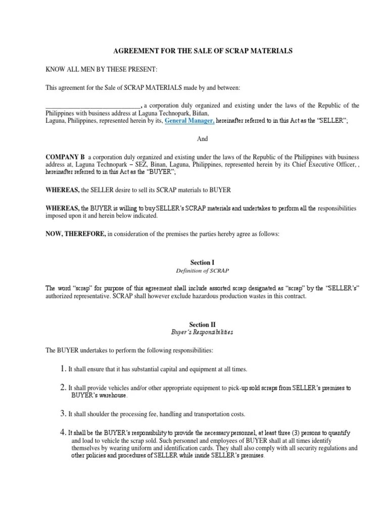 Agreement For The Sale of Scrap PDF Scrap Payments