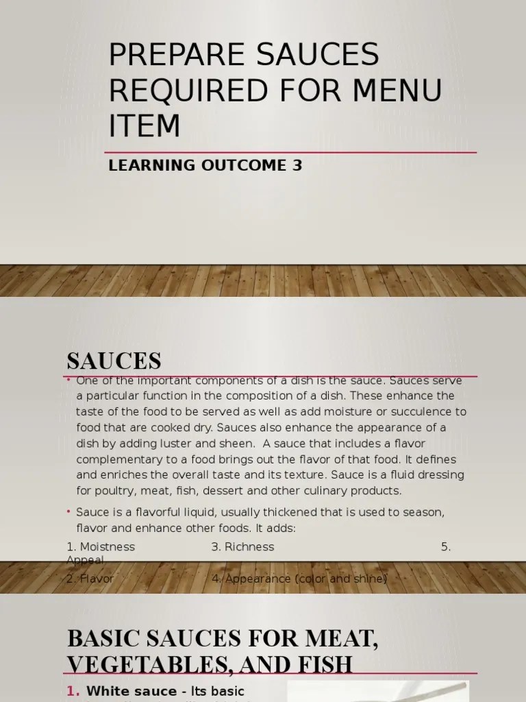 Prepare Sauces Required For Menu Item Learning 3 PDF Food