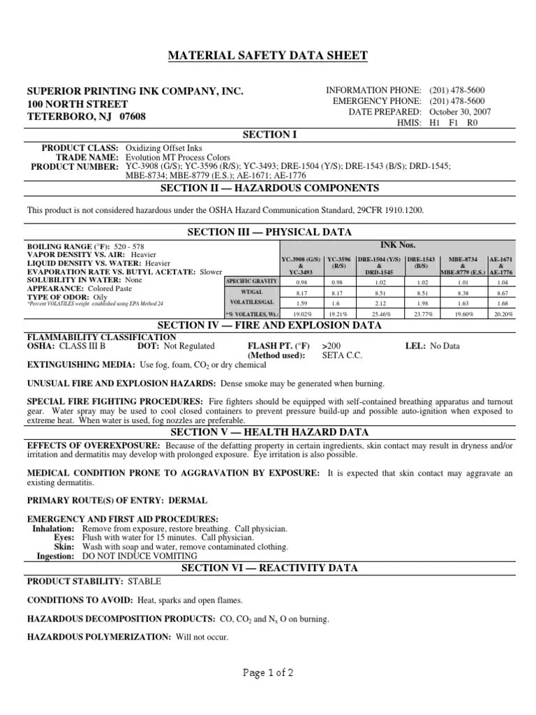 Superior Ink MSDS PDF Download Free PDF Fires Carbon Dioxide