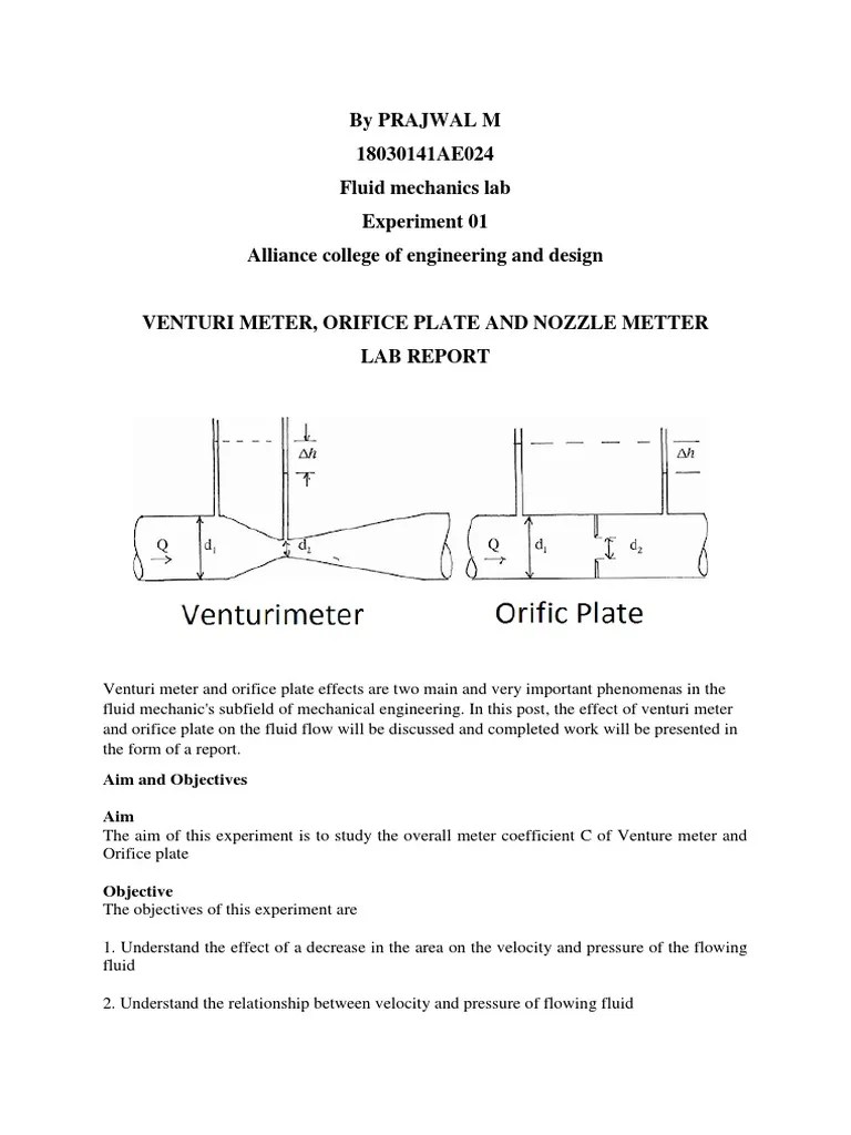 Venturi Meter and Orifice Plate Lab Report Flow Measurement
