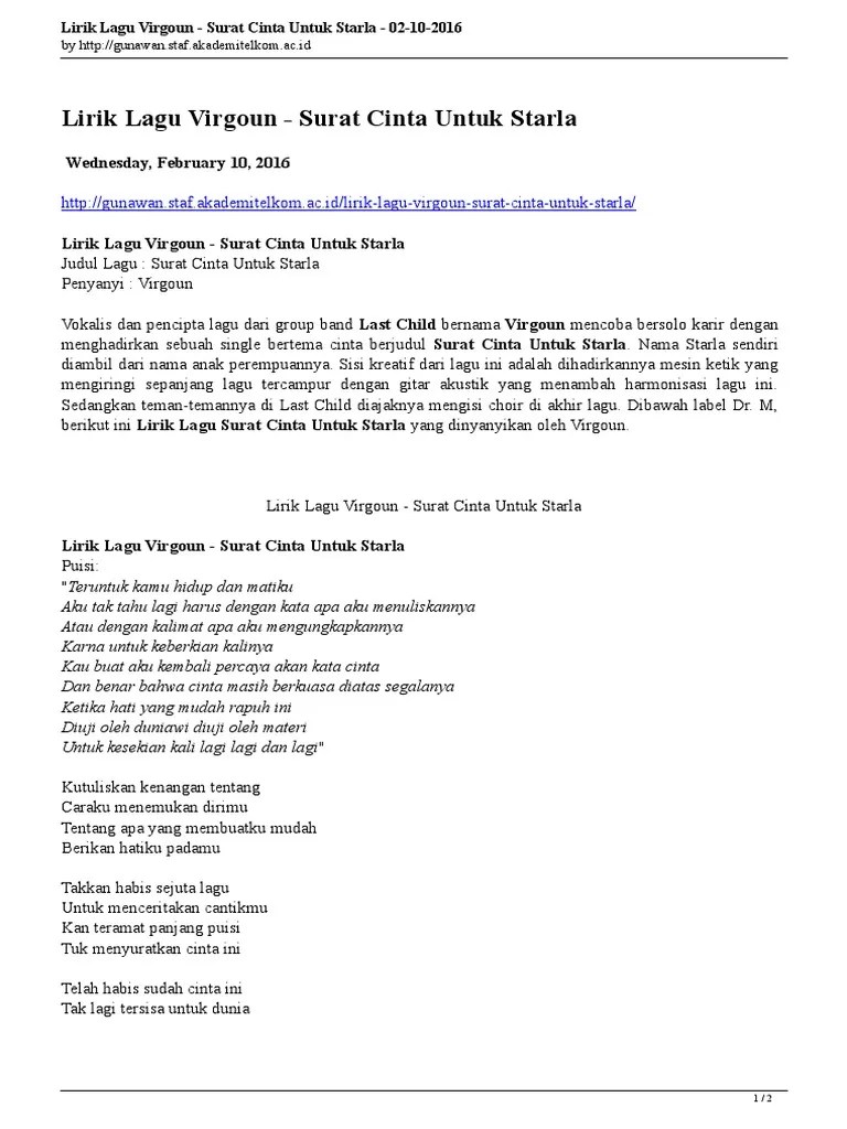 Lirik Lagu Virgoun . Download Lirik Lagu Virgoun Surat Cinta Untuk Starla 1  0 Apk Android Music Audio Ø§Ù„Øªø·ø¨ùŠÙ‚Ø§Øª
