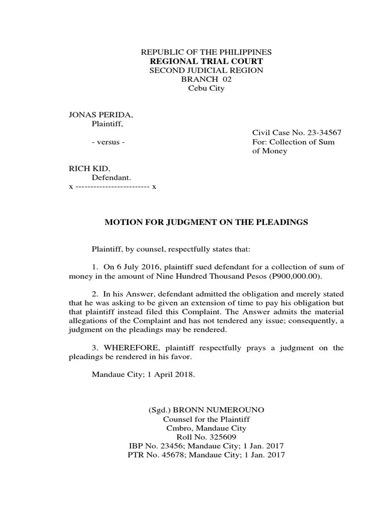 Motion For Judgment On The Pleadings PDF