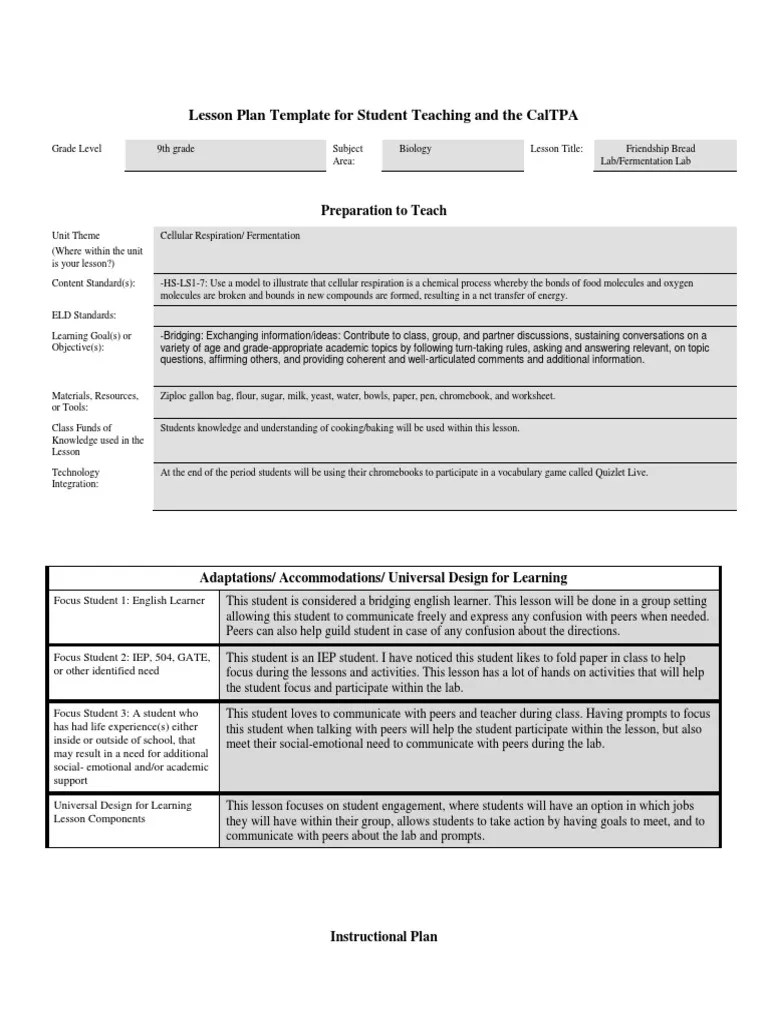 Lesson Plan Template UniversityOfLaVerne Tpa 1 PDF Cellular Respiration Teachers