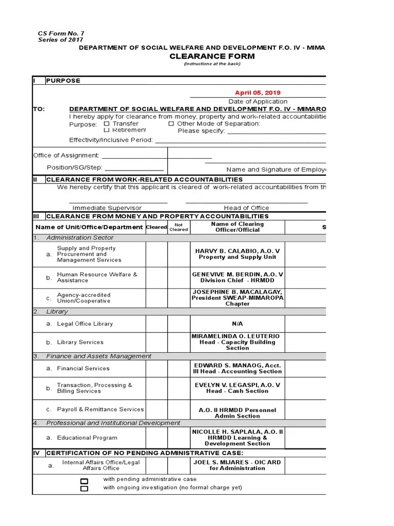 Final CS Form No. 7 Clearance Form PDF Economies Government