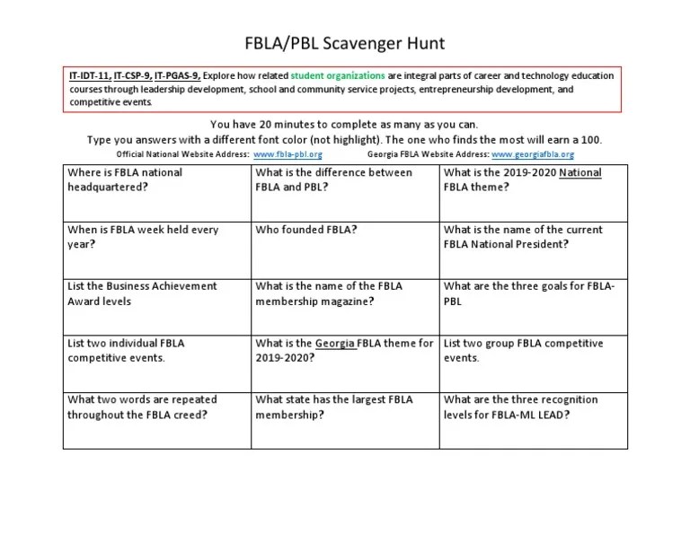 Fbla-Pbl Scavenger Hunt | PDF