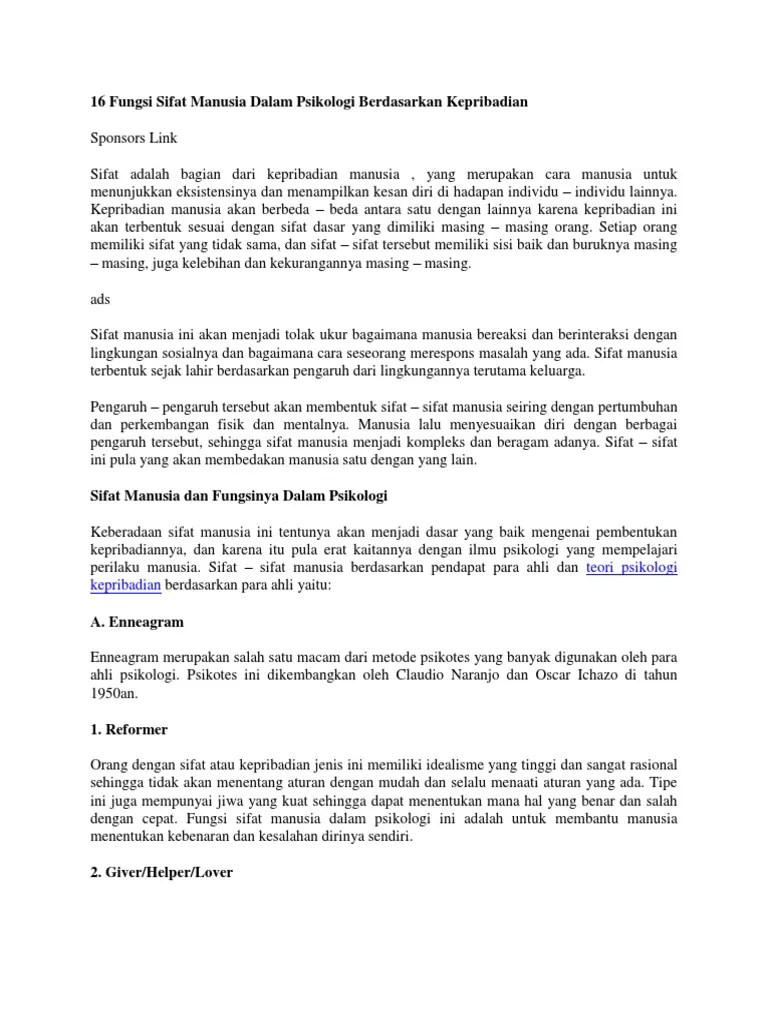 16 Fungsi Sifat Manusia Dalam Psikologi Berdasarkan Kepribadian | PDF