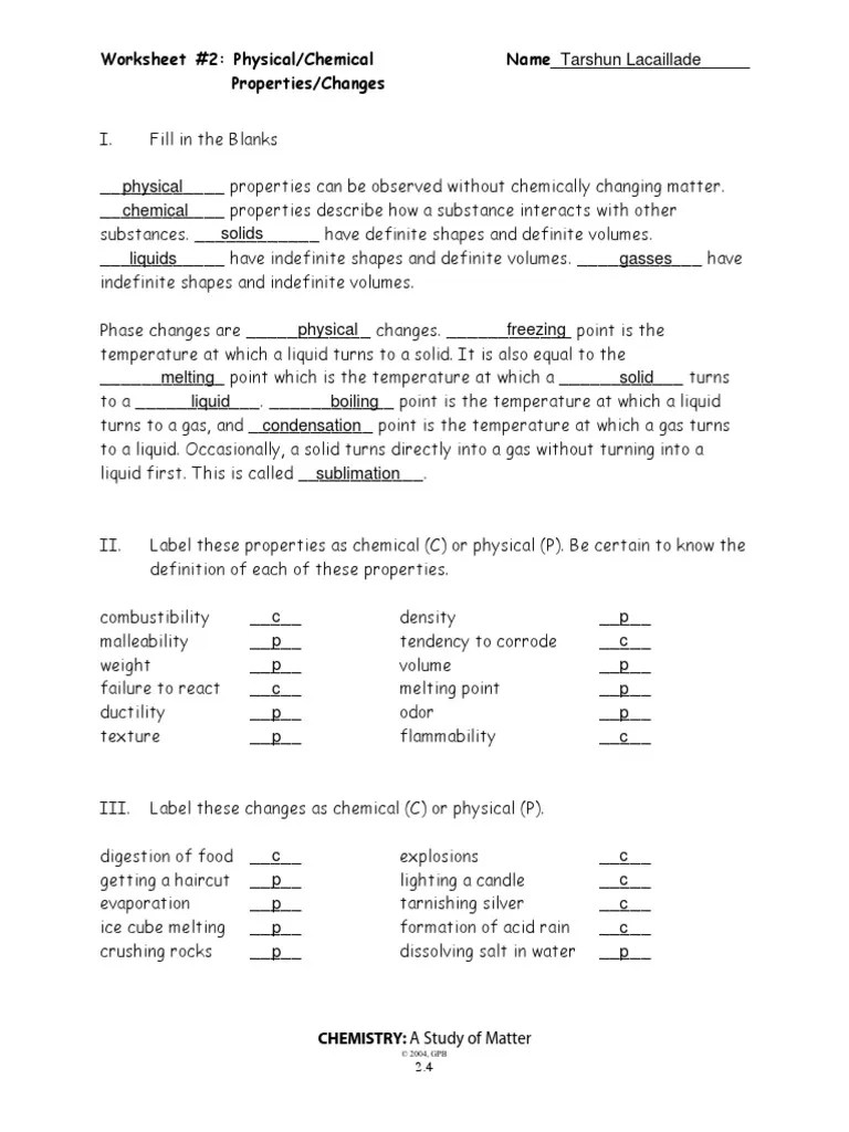 30 Worksheet 2 Physical Chemical Properties Changes Answers support