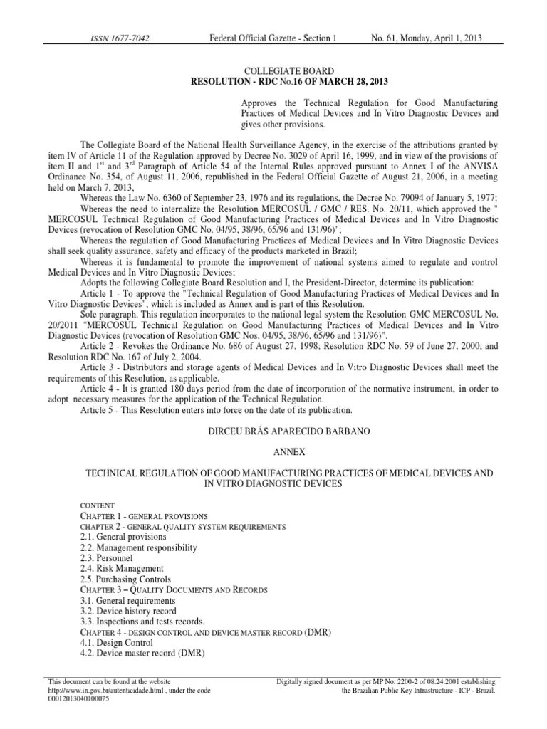 RDC 16 2013 GMP Requirements For MD and Ivd PDF Calibration