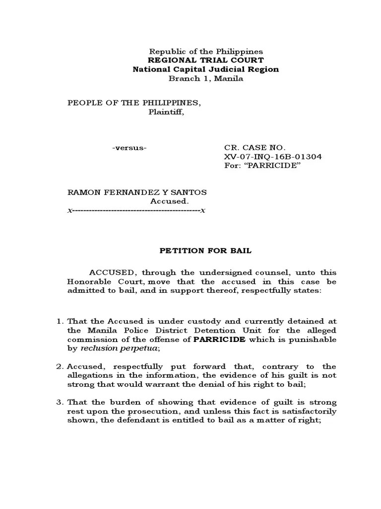 Sample Petition For Bail PDF Bail Common Law