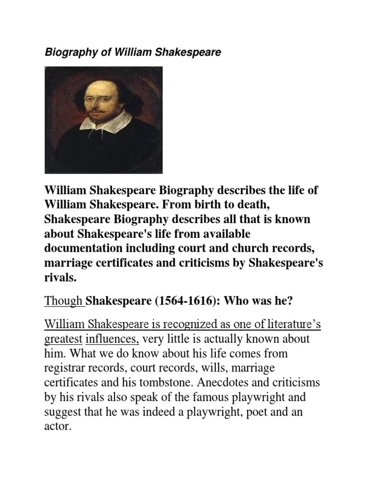Short Biography William Shakespeare PDF William Shakespeare