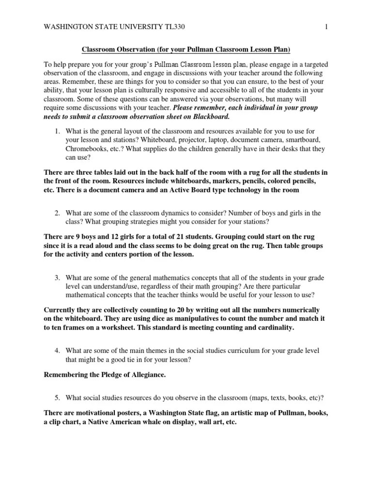 Classroom Observation Questions PDF Classroom Individualized