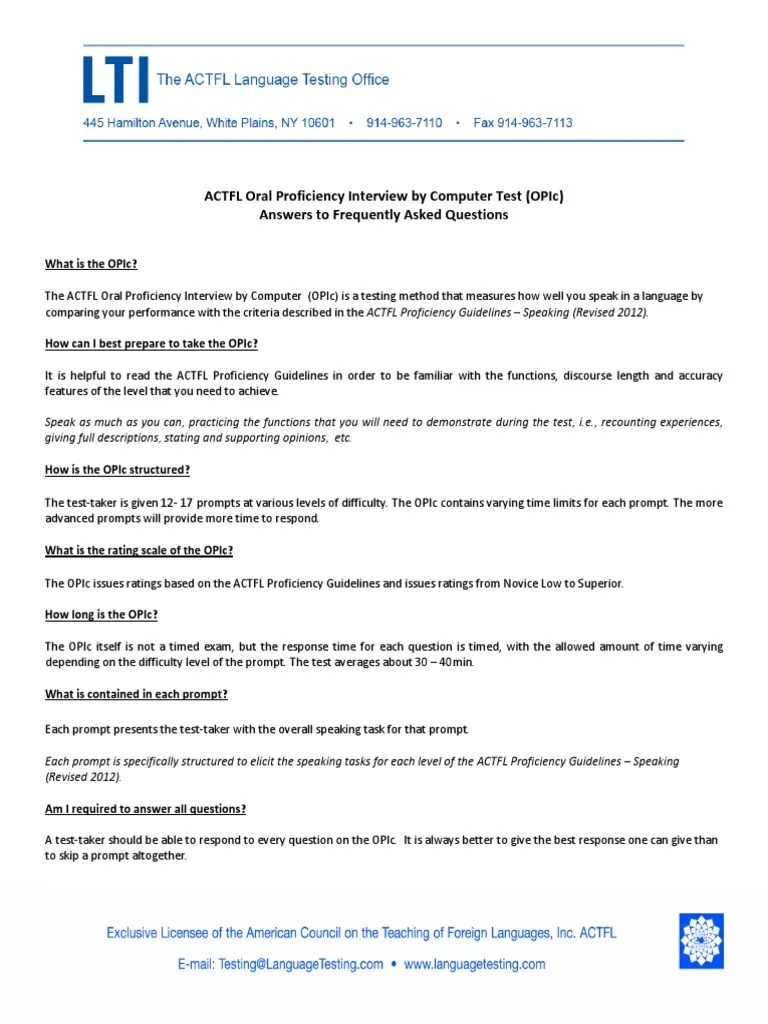Actfl Oral Proficiency Interview by Computer Test (Opic) Answers To Frequently Asked Questions