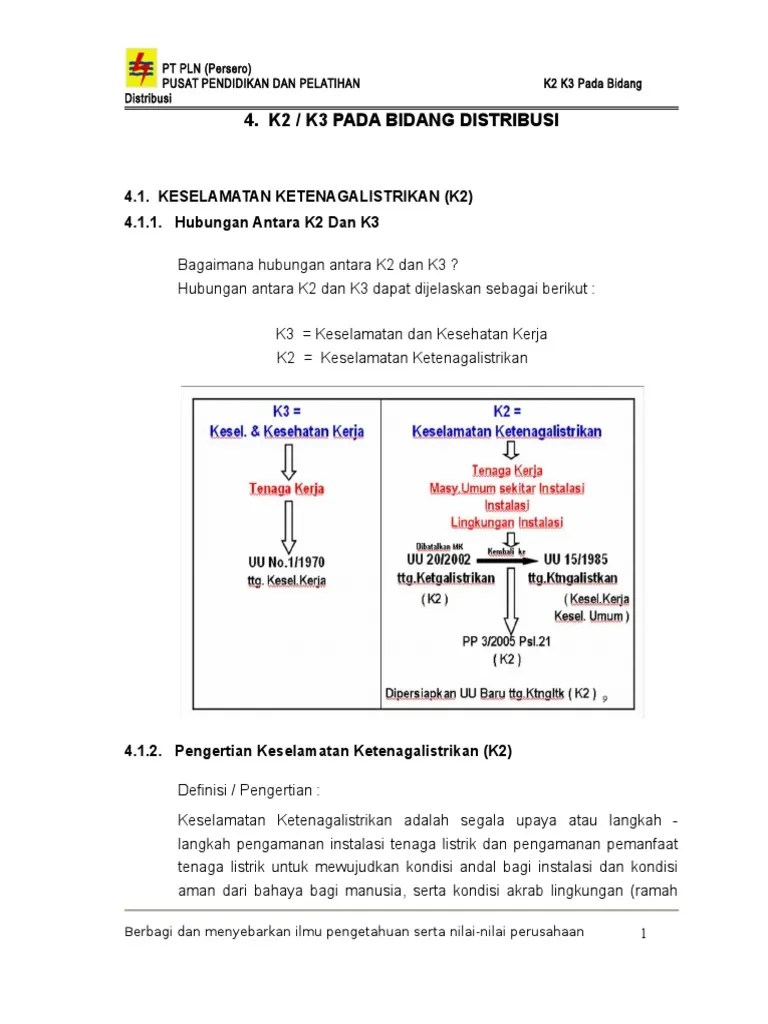 K2 / K3 Pada Bidang Distribusi: 4.1. Keselamatan Ketenagalistrikan (K2)  4.1.1. Hubungan Antara K2 Dan K3 | PDF