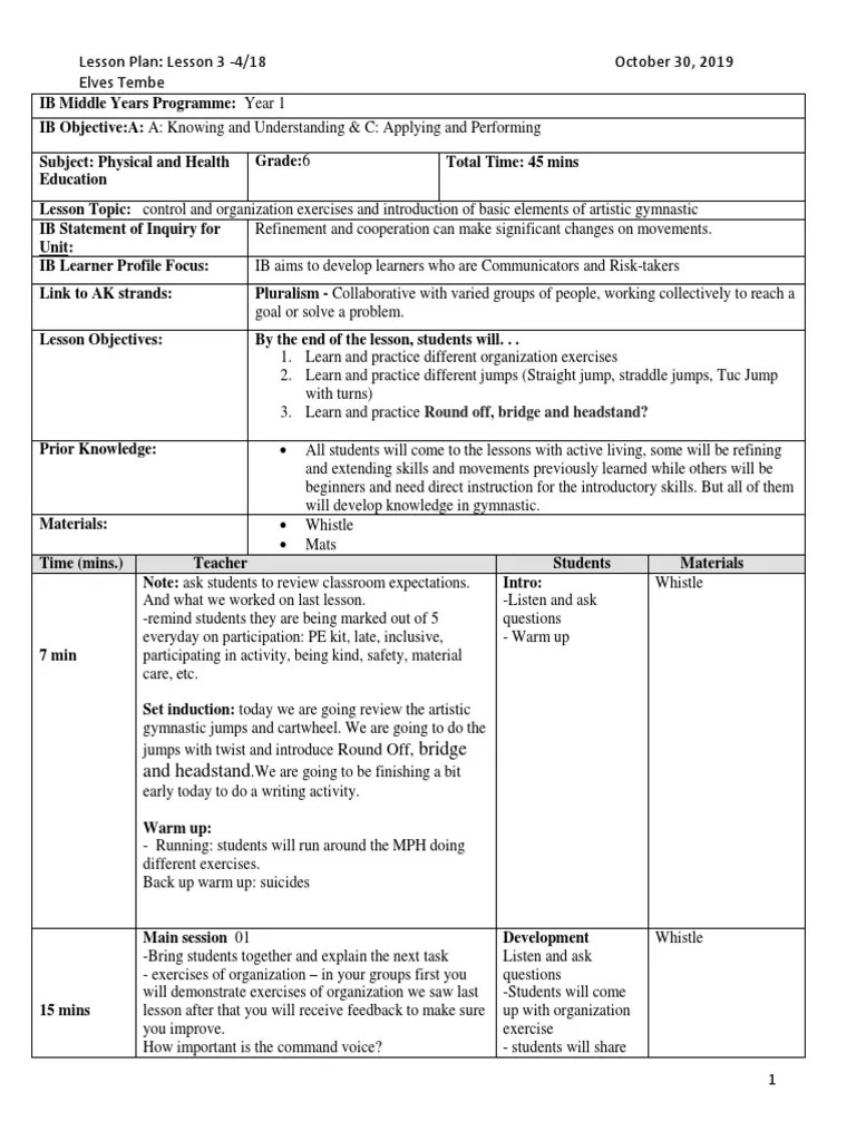 Myp Lesson PlanGymnastic 0304 PDF Neuropsychological Assessment Learning
