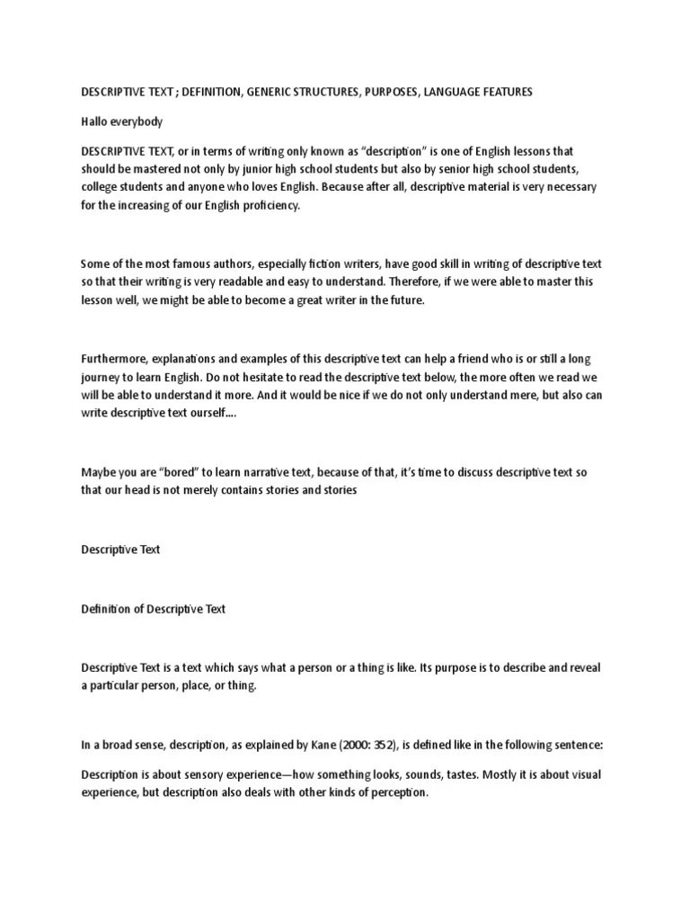 Contoh Descriptive Text Beserta Generic Structure Dan Language Features