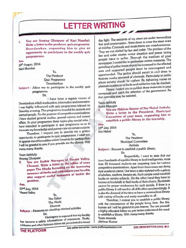 Letter Writing Format and Questions For SSC PDF